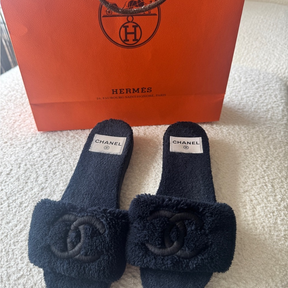 Chanel Black Fuzzy Slippers
